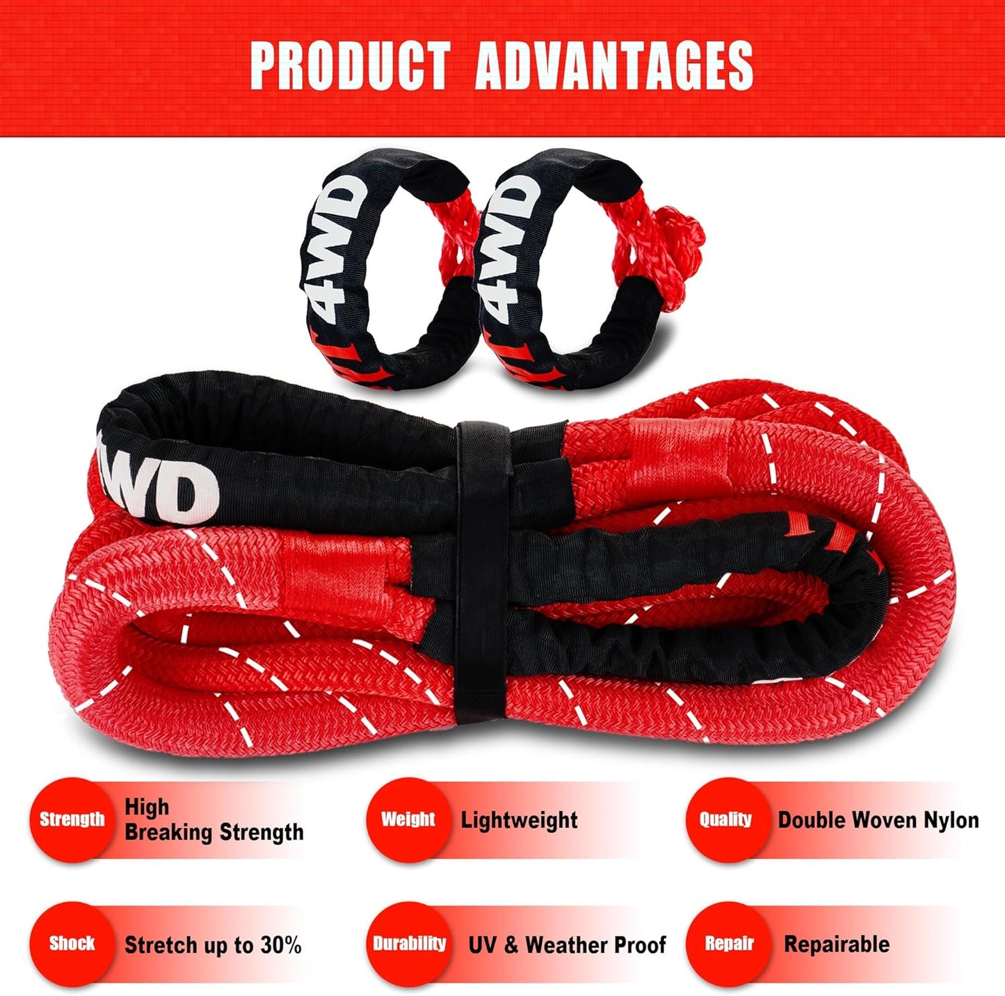 TYT Kinetic Recovery Rope,(1in x 30ft Red) 48000lbs Snatch Strap, Heavy Duty Stretch Nylon Towing Ropes with 2pcs Soft Shackles for Offroad Vehicle, Jeep, SUV, ATV, UTV, Tractor Elastic Ropes Kit