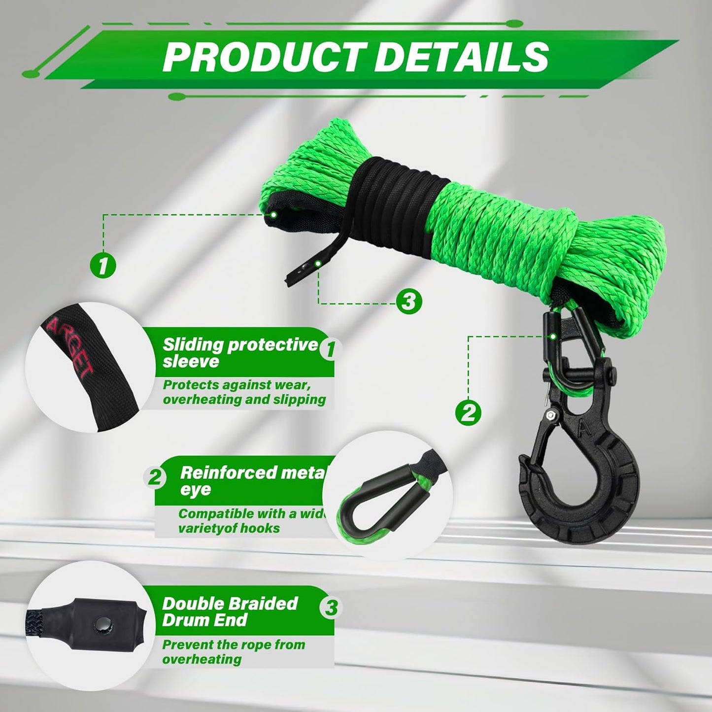 TYT Off-Road Winch Rope Kit - 3/16''x50', 8500 Lbs Green Synthetic Cable with Protective Sheath, Heavy-Duty Hook, Safety Pull Strap & Rubber Stopper Ideal for 4WD ATV UTV Vehicles, (JPS31650G)