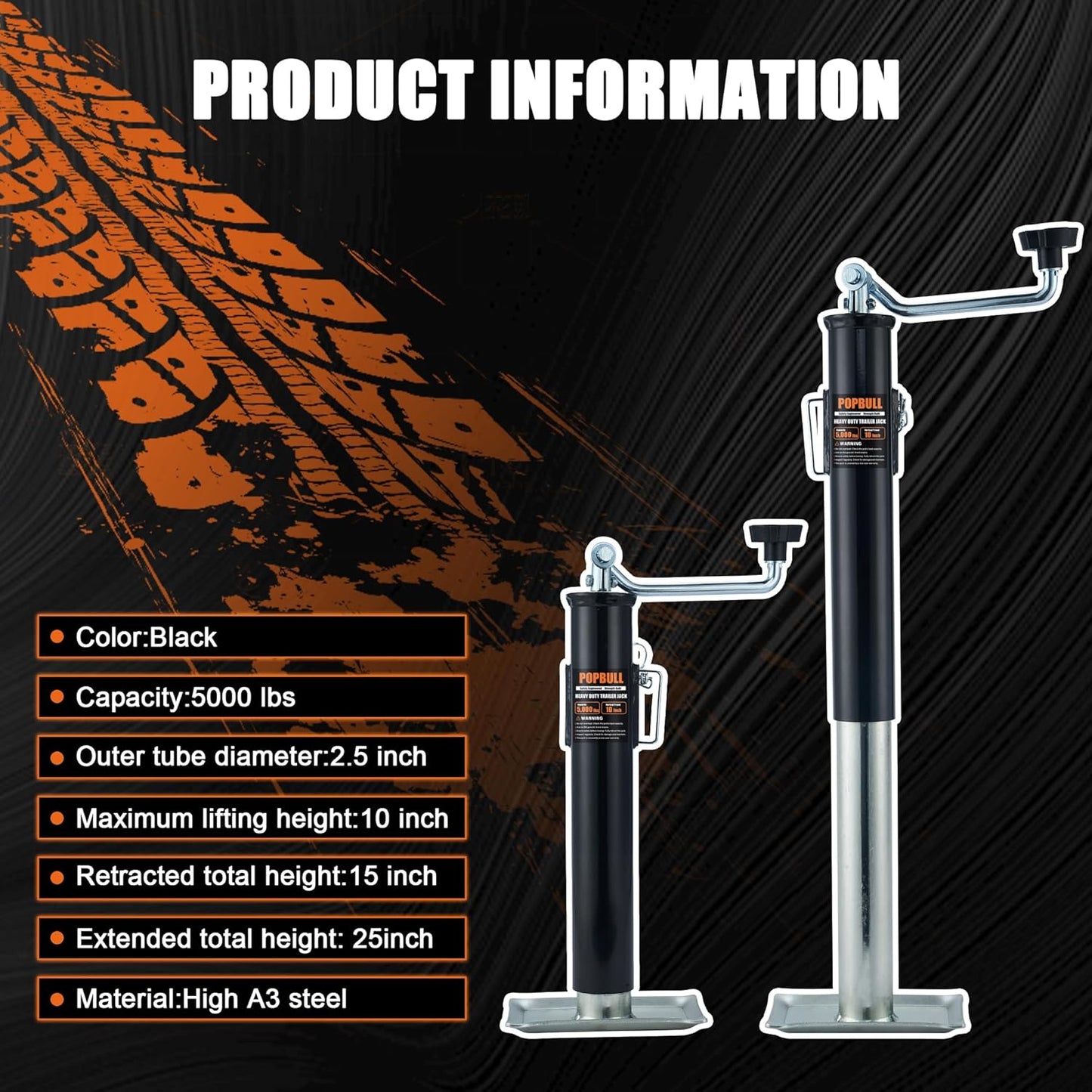 5000 lb Weld-on Pipe Swivel Trailer Jack, 10" Lift Trailer Jack with Footplate, Suitable for RVs, Boats, Multi-Purpose Trailers, and Camping Trailers
