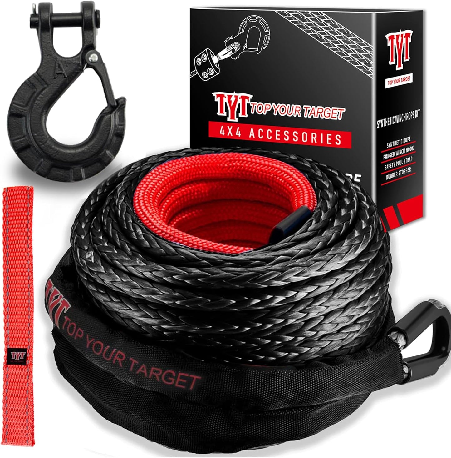 TYT Off-Road Winch Rope Kit - 3/16''x50', 8500 Lbs Green Synthetic Cable with Protective Sheath, Heavy-Duty Hook, Safety Pull Strap & Rubber Stopper Ideal for 4WD ATV UTV Vehicles, (JPS31650G)