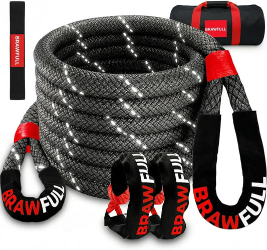 Kinetic Recovery Rope,(1.26" x 30ft Black) 55000LBS Snatch Strap, Heavy Duty Stretch Nylon Towing Ropes with 2pcs Soft Shackles for Offroad Vehicle, Jeep, SUV, ATV, Tractor Elastic Ropes Kit
