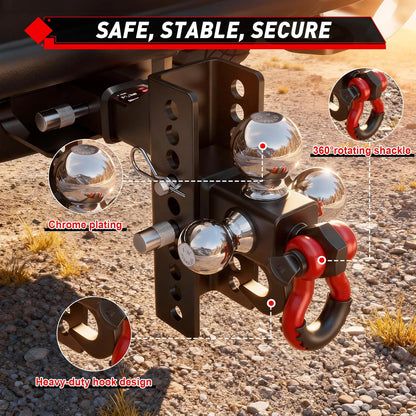 TYT Adjustable Tri-Ball Trailer Hitch for 2 inch Receiver, 4.5" Drop/Rise, Triple Balls (1-7/8", 2", 2-5/16") with Tow Hook & Shackle, 10,000 lbs GTW, 1,000 lbs TW, Pin Lock & Hitch Tightener