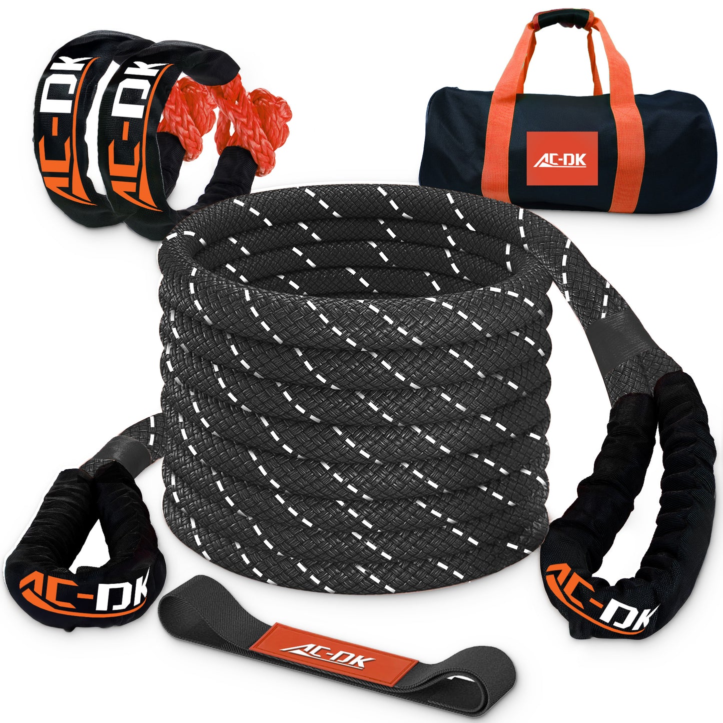 AC-DK Kinetic Recovery Rope (1in x 30ft ‎Orange) 48000lbs Snatch Strap,Heavy Duty Stretch Nylon Towing Ropes with 2pcs Soft Shackles for Offroad Vehicle,Jeep,SUV,ATV,UTV,Tractor Elastic Ropes Kit