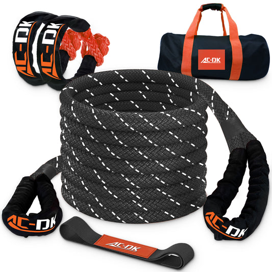 AC-DK Kinetic Recovery Rope (1in x 30ft ‎Orange) 48000lbs Snatch Strap,Heavy Duty Stretch Nylon Towing Ropes with 2pcs Soft Shackles for Offroad Vehicle,Jeep,SUV,ATV,UTV,Tractor Elastic Ropes Kit