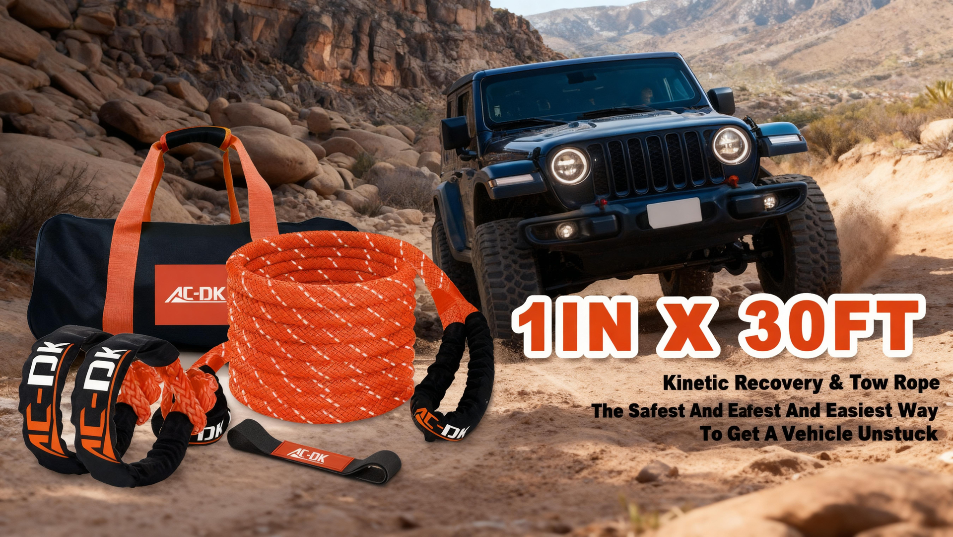 AC-DK Kinetic Recovery Rope (1in x 30ft ‎Orange) 48000lbs Snatch Strap,Heavy Duty Stretch Nylon Towing Ropes with 2pcs Soft Shackles for Offroad Vehicle,Jeep,SUV,ATV,UTV,Tractor Elastic Ropes Kit