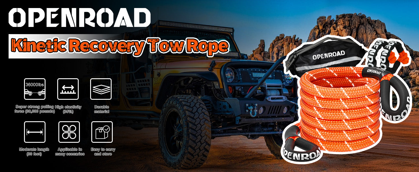 OPENROAD Kinetic Recovery Tow Rope, 36000 Lbs (1in x 30ft Orange with Soft Shackle) Extreme Duty 35% Elasticity Energy Offroad Snatch Strap, Vehicle Recovery Kit for Jeep Car Truck ATV UTV SUV