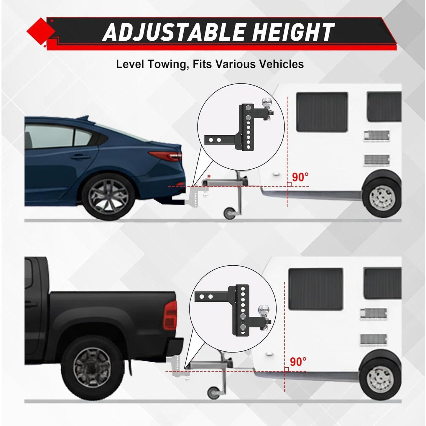 TYT Adjustable Trailer Hitch for 2" Receiver, 6" Drop/Rise, 2" Tow Ball, 7,500 lbs GTW / 750 lbs TW, Includes Two Pins and One Anti-Theft Pin Lock