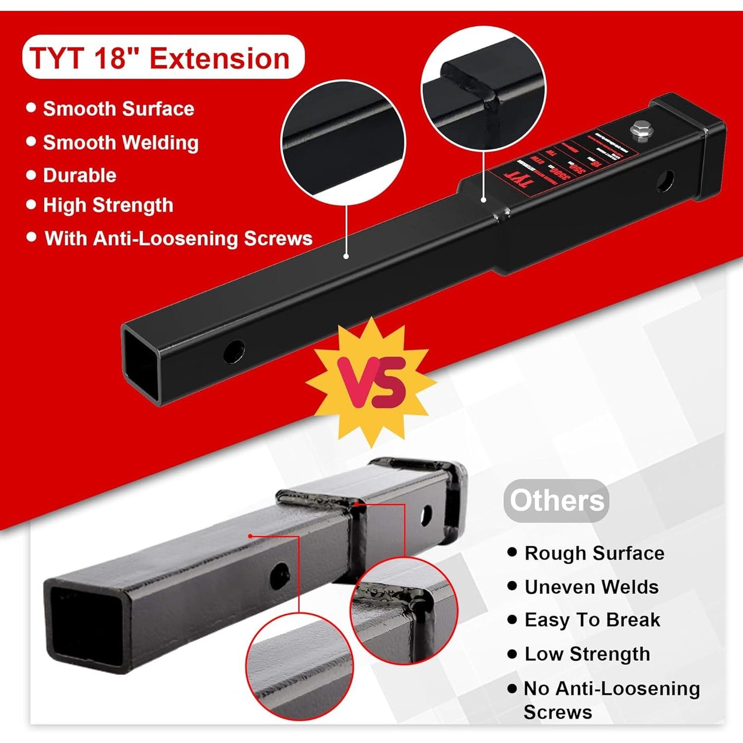 TYT 18" Trailer Hitch Extension, Fits 2 inch Receiver Tube,with 5/8" Advanced Hitch Pin 2-Pack, 3500 lbs GTW / 350 lbs TW