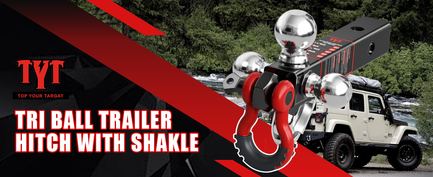 TYT Tri Ball Hitch Trailer Mount With Locks, Tow Hook & Clevis Shackle, Fits 2 Inch Receiver With 2-5/16