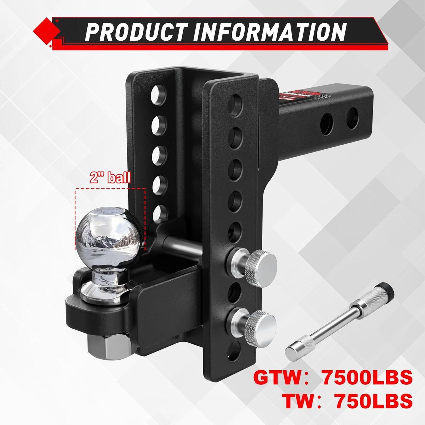 TYT Adjustable Trailer Hitch for 2" Receiver, 6" Drop/Rise, 2" Tow Ball, 7,500 lbs GTW / 750 lbs TW, Includes Two Pins and One Anti-Theft Pin Lock